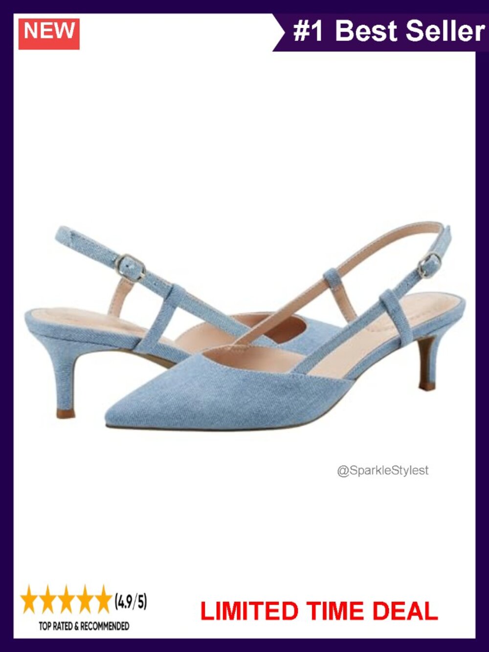 Denim Pointed Toe Slingback Kitten Heel Pump